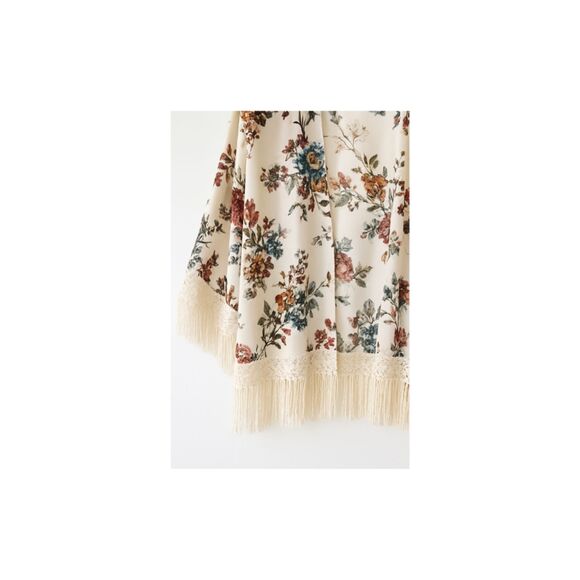 Jodifl Size L Vintage Floral Print Kimono Cream Lace Trim Fringe Boho Cover Up - Picture 3 of 8